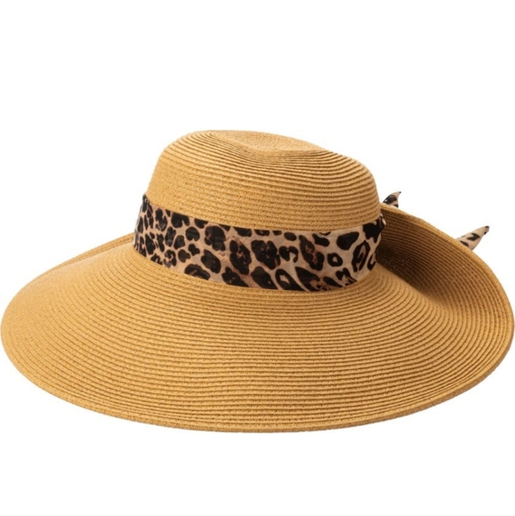 San Diego Hat Company Tan Sun Hat with Leopard Bow